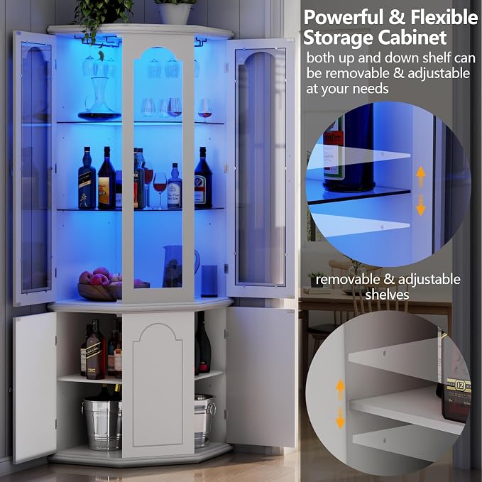 Gyfimoie Corner Bar Cabinet w/LED Lights, Tall Modern Wine Cabinet - Image 6