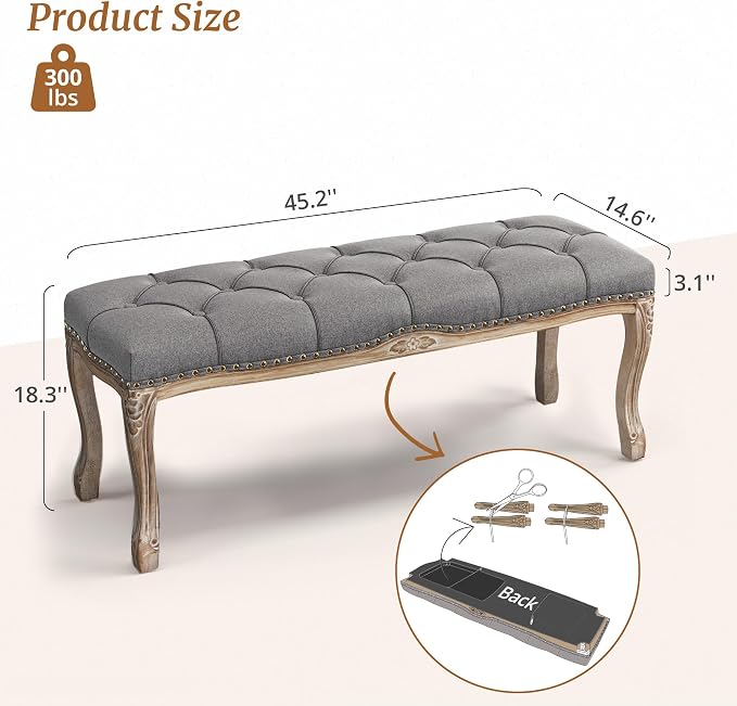 Cozyman Bedroom Bench, French Vintage Tufted Entryway 45.2" Carving Upholstered - Image 3