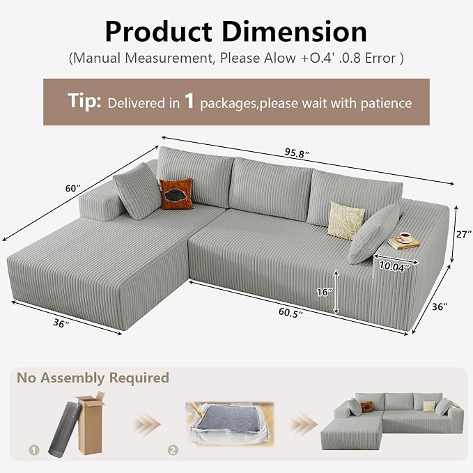 95" Cloud Sectional Couch with L-Shape Chaise, Modular Comfy Sofa Chaise Longue - Image 2