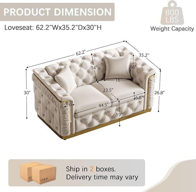 62.2" Luxury Velvet Chesterfield Sofa Tufted Victorian Black and Gold Couch - Image 2