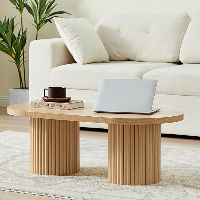Oval Fluted Coffee Table, Farmhouse Wood Coffee Table Mid Century Modern Center by RUSTYER