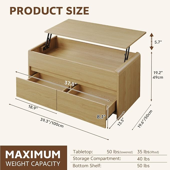 Coffee Table Lift Top with 2 Drawers, 40 Inch Multi-Function Coffee Table with - Image 2
