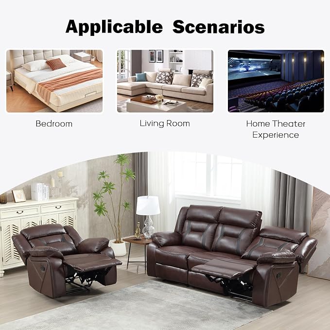 EBELLO Manual Recliner Sofa Set, Faux Leather Reclining Living Room Furniture - Image 6