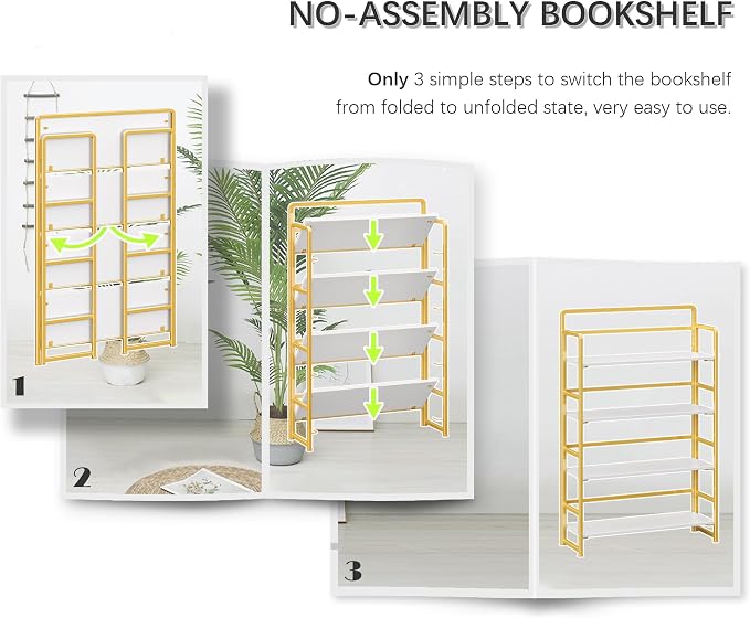 4NM No Assembly Extra Wide 4 Tiers Folding Bookshelf Storage Shelves Vintage - Image 6