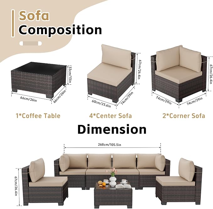 CHABATREE 7pcs Outdoor Patio Furniture Sets, Rattan Conversation Sectional Set - Image 2