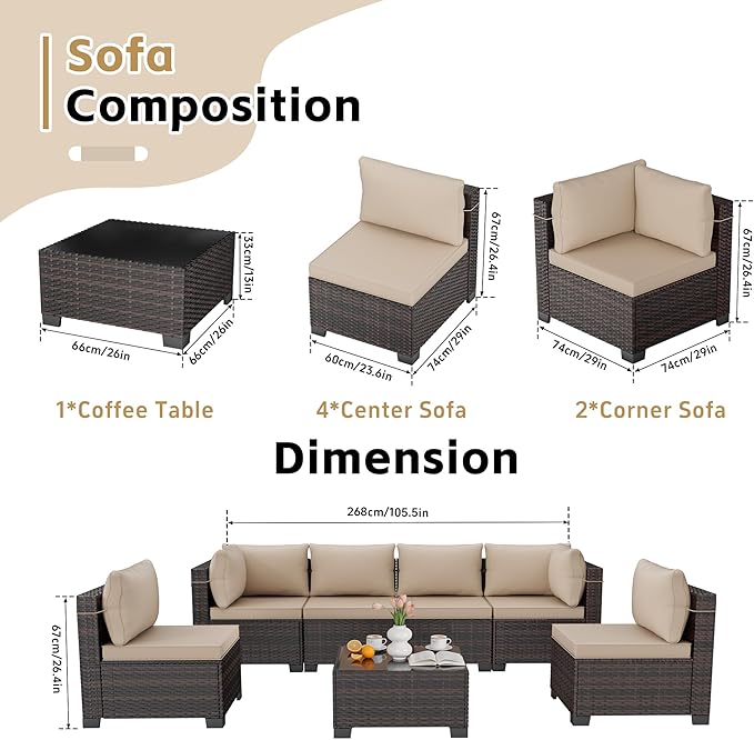 LEVELEVE 7 Pieces Outdoor Patio Furniture Sets, Rattan Conversation Sectional - Image 5