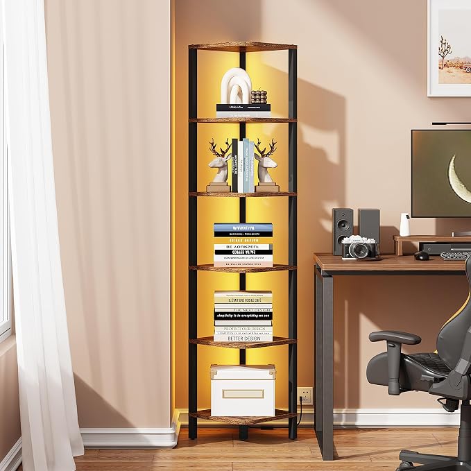 TUTOTAK Corner Shelf with LED Light, 6-Tier Corner Bookshelf - Image 6