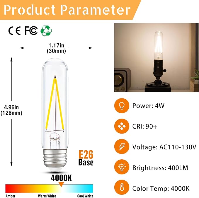 Dimmable E26 T30 T10 LED Bulb Long Tube Light Bulb 4W, Type T Tubular Light - Image 3