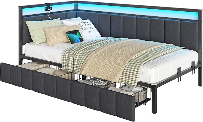 DICTAC Corner Bed Frame with 2 Storage Drawers and Charging Station Twin XL - Image 9