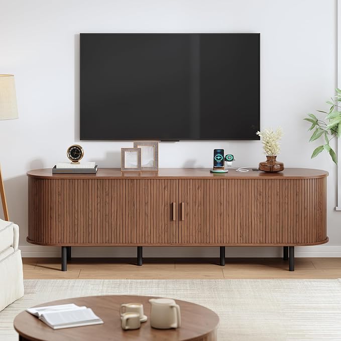 70.8" TV Stand with Power Outlet, Mid-Century Modern Television Stand, Fluted - Image 7