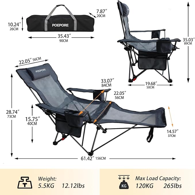 Reclining Camping Chair with Removable Footrest Lounge Chair with Headrest - Image 3
