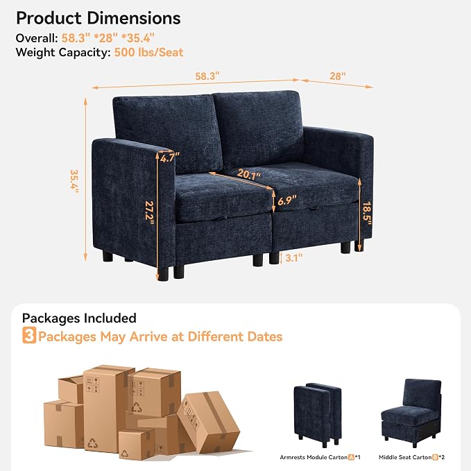 WUTUTUEE 58'' Modular Sectional Loveseat Sofa, Modern Love Seat 2 Seater Sofa - Image 2
