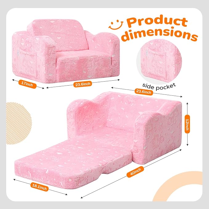 MeMoreCool Glowing Unicorn Kids Chair, 2-in-1 Glow in the Dark Kids Couch Fold - Image 2