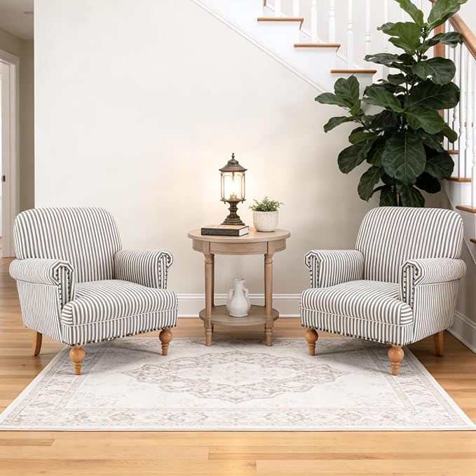 Black Striped Linen Fabric Accent Chairs Set of 2, Modern Farmhouse Upholstered - Image 8