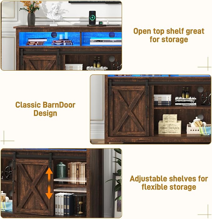 LED Farmhouse TV Stand for 65 inch TVs, Rustic Entertainment Center TV Cabinet - Image 3