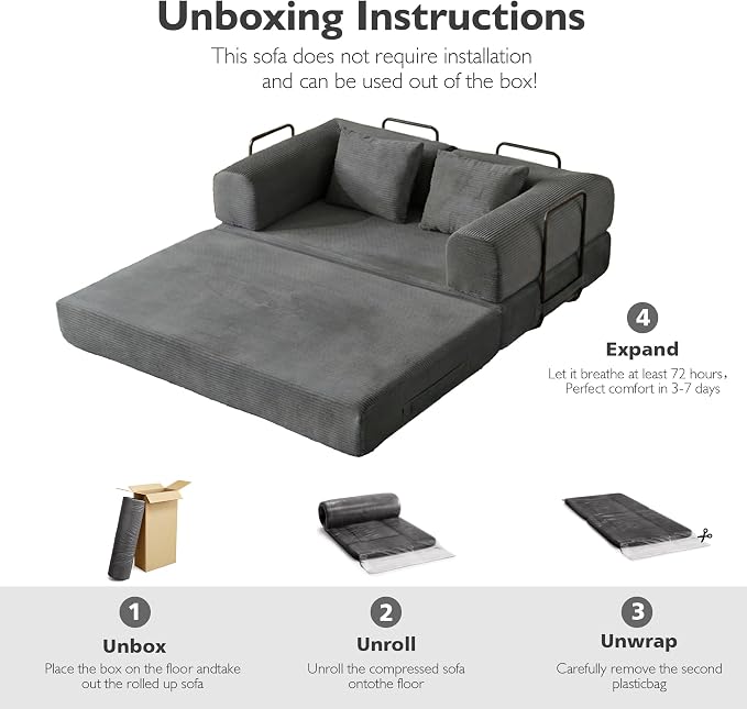 59in Convertible Sofa Bed, Corduroy Boneless Couch Bed, Futon Sleeper Sofa Pull - Image 4