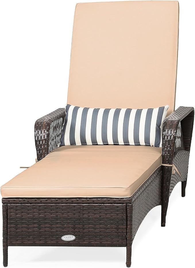 COSTWAY PE Rattan Chaise Lounge Chair, 6 Gear Adjustable Recliner by COSTWAY