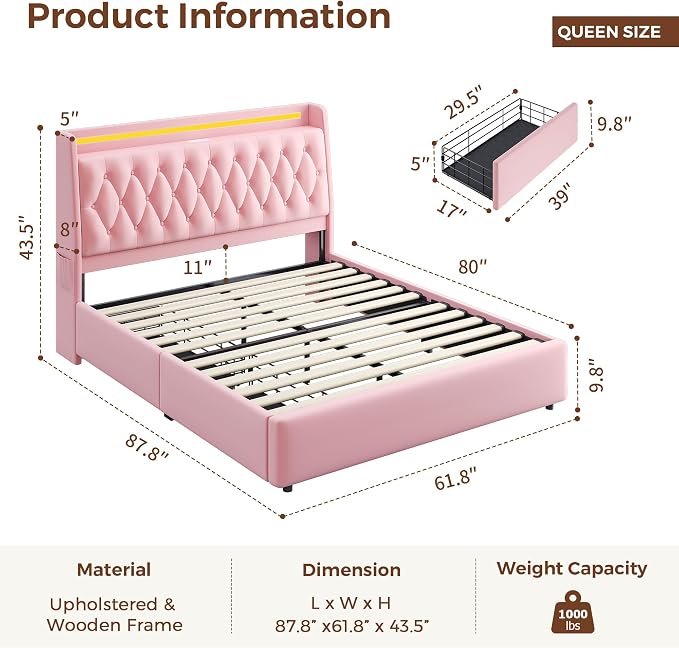 Queen LED Velvet Bed Frame - Image 2
