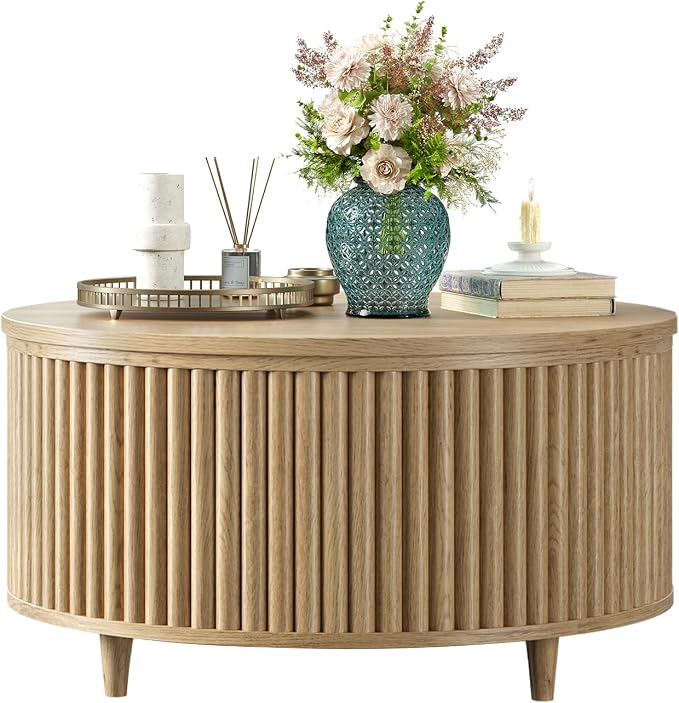 Evermagin 31.5'' Round Coffee Table, Fluted Lift Top Oak Coffee Table - Image 8