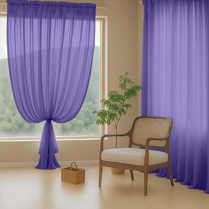 Purple Sheer Curtains 90 Inches Long 2 Panels, Light Filtering Solid Sheer - Image 8