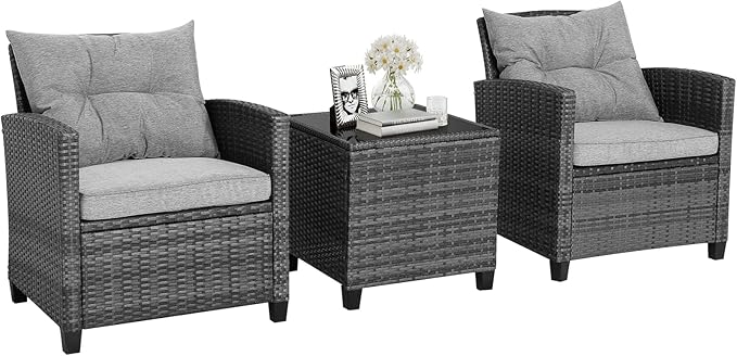 HAPPYGRILL 3 Pieces Patio Conversation Set, Outdoor Furniture Set PE Rattan by HAPPYGRILL