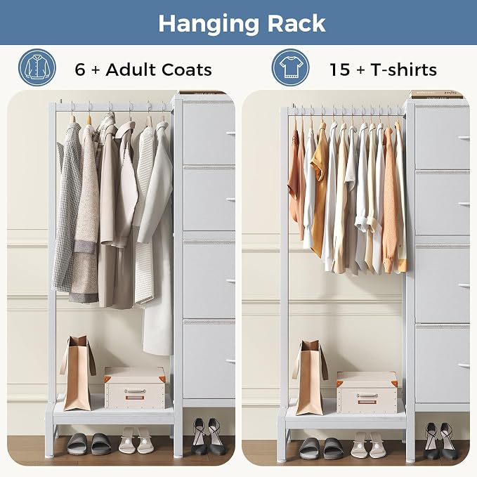 DUMOS Dresser with Hanging Rack, 4-in-1 White Fabric Dresser - Image 6