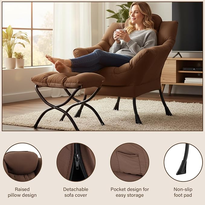 Welnow Lazy Chair with Ottoman, Modern Accent Armchair with Armrests and a Side - Image 4