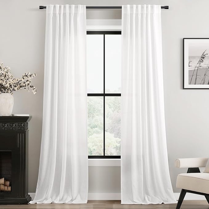 White Curtains 102 inches Long 2 Panels Back Tab Light Filtering Cotton by Jolilight