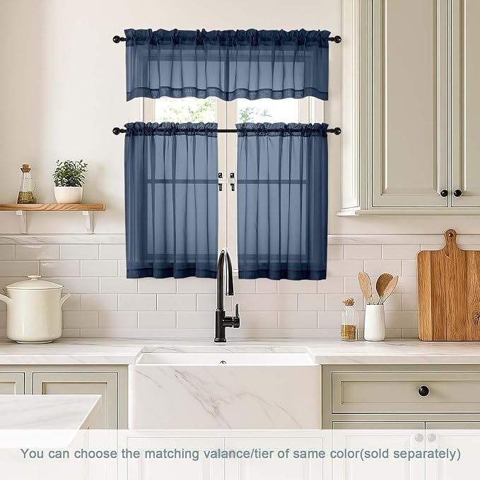 Navy Blue Small Sheer Curtains Tier 24 Inches Length 2 Pieces, Light Filtering - Image 2