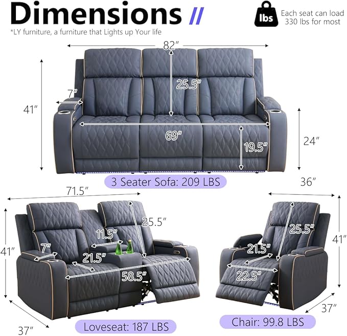 Power Reclining Sofa Set, Living Room Furniture Sets, Leather Recliner Sofa & - Image 2