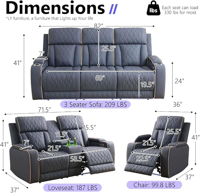 Power Reclining Sofa Set, Living Room Furniture Sets, Leather Recliner Loveseat - Image 2