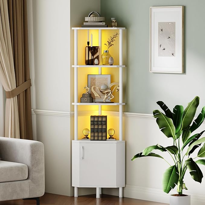 HOOBRO Corner Cabinet with LED Light, Corner Shelf Stand with Storage and Doors - Image 3