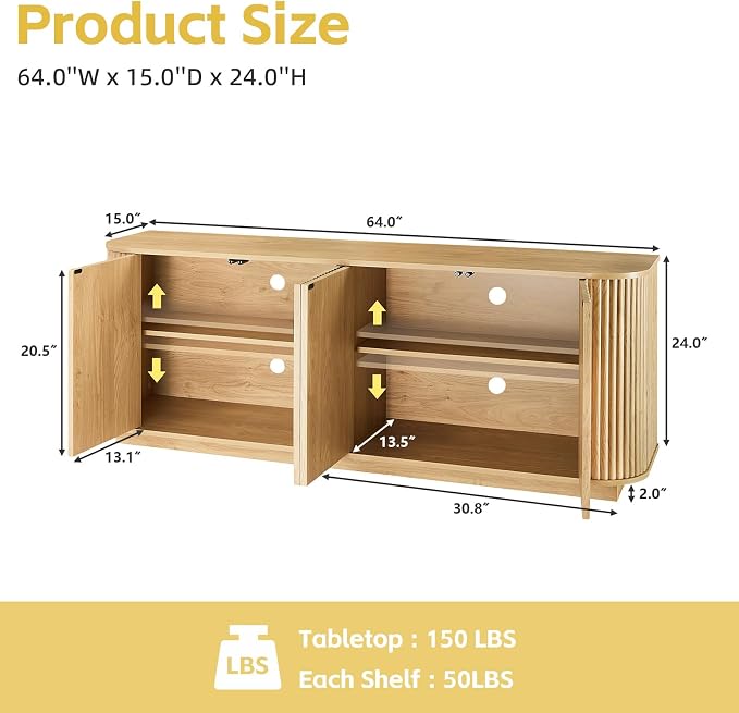 64" Fluted TV Stand for TVs up to 75 inch, Modern Entertainment Center - Image 2