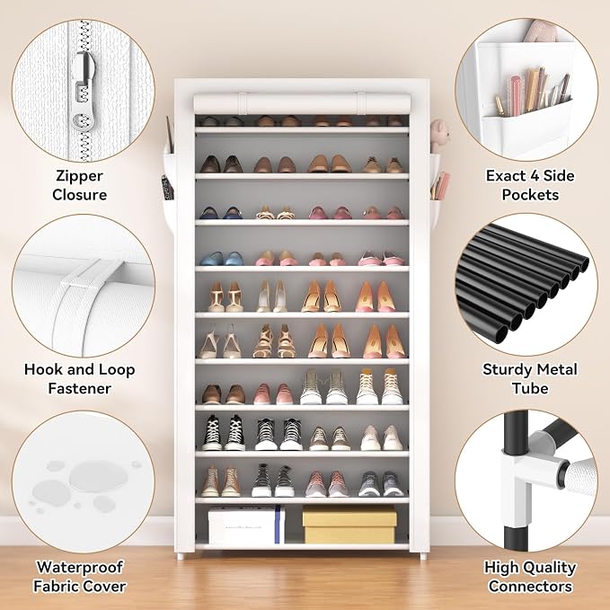 ROJASOP Shoe Rack with Covers 10 Tier Large Shoe Organizer Tall Shoe Closet - Image 4