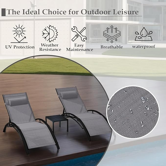 EROMMY Outdoor Chaise Lounge Set of 3, Reclining Patio Chairs - Image 4