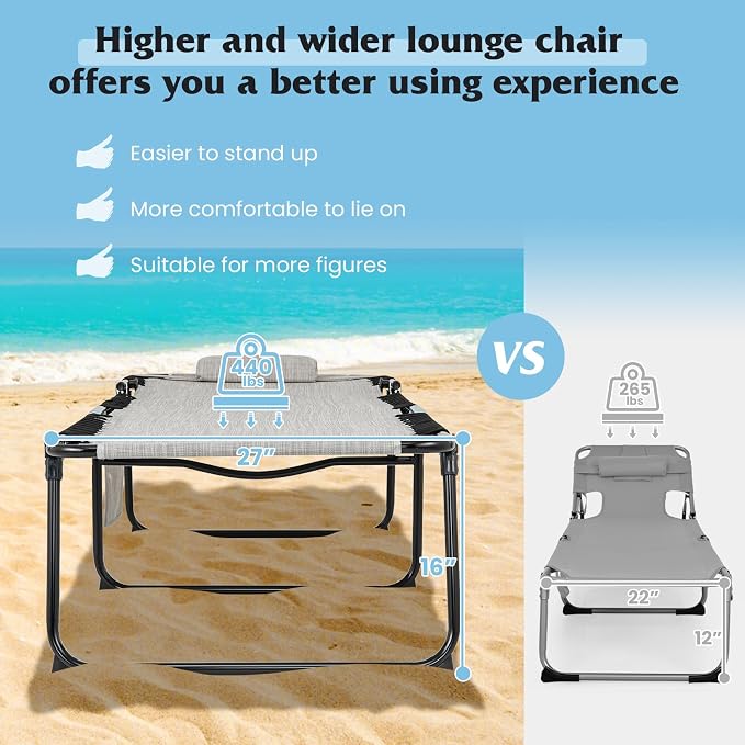 GYMAX Lounge Chair for Outside, 440lbs 27” Oversize Folding Beach Tanning - Image 7