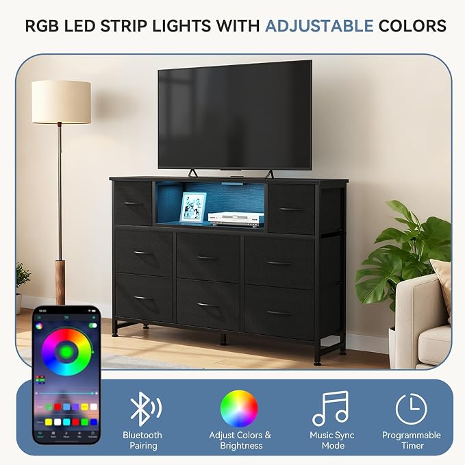 DUMOS TV Stand Dresser with 8 Fabric Drawers and Open Shelves, LED - Image 4