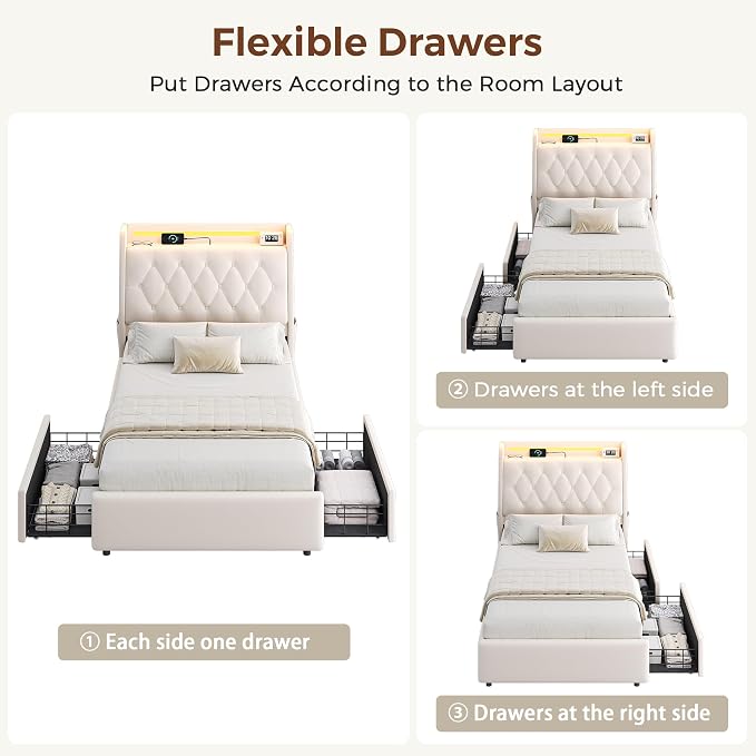 Twin LED Velvet Bed Frame with 2 Storage Drawers&Hidden Headboard, Upholstered - Image 6