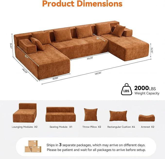 MONVANE 141" U Shaped Cloud Sectional Couch - Image 3