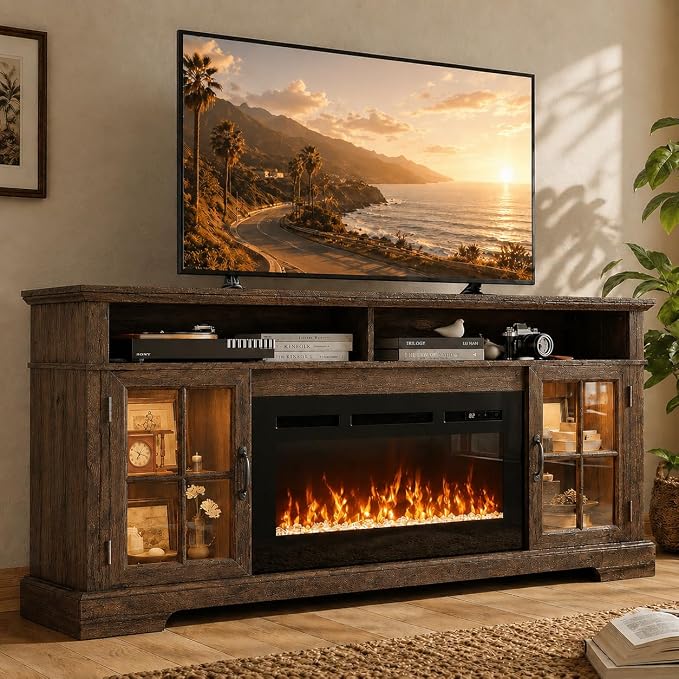70" Fireplace TV Stand, Farmhouse Entertainment Center by Nordivale