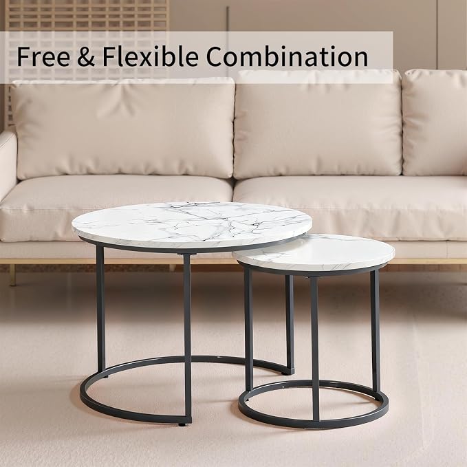 Round Nesting Coffee Table Set of 2, Modern Marble Pattern Wooden Nesting Tables - Image 7