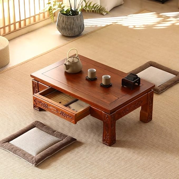 Japanese Style Coffee Table W/Drawers Wooden Tatami Tea Table Living Room - Image 2