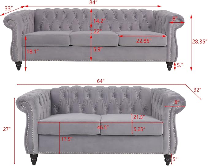 RARZOE Modern 2 Pieces Living Room Sofa Set, Contemporary Tufted Button Velvet - Image 2