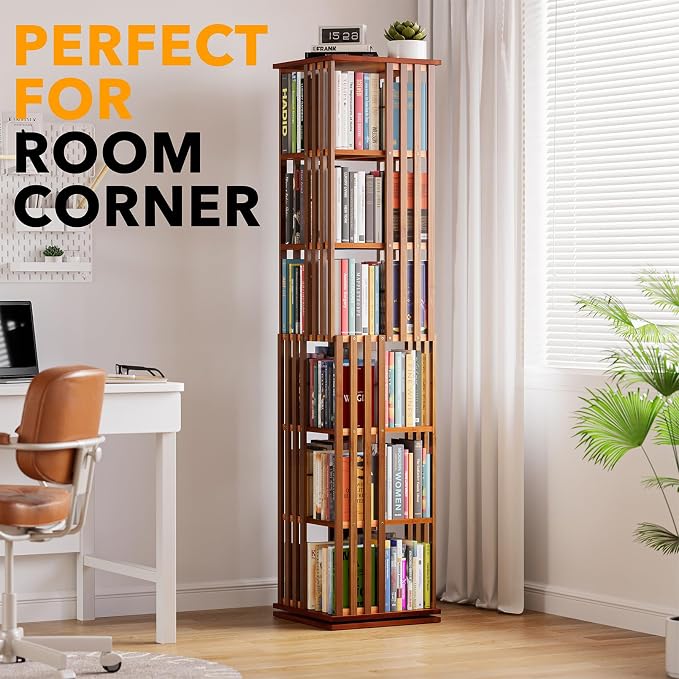 SpaceAid 6 Tier Rotating Bookshelf Tower, Bamboo Spinning Book Shelf, Revolving - Image 5