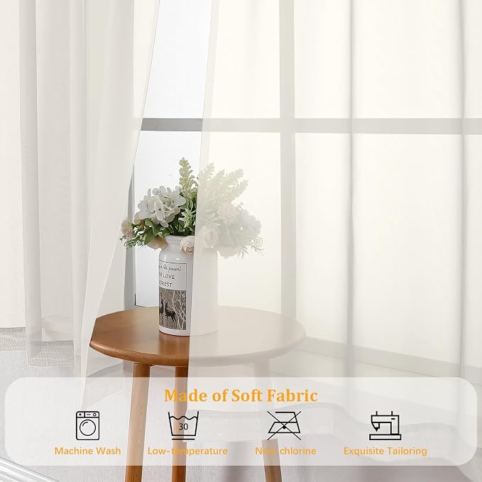 Gwine Sheer Ivory Curtains 96 Inches Long 2 Panels Set, Light Filtering Voile - Image 6