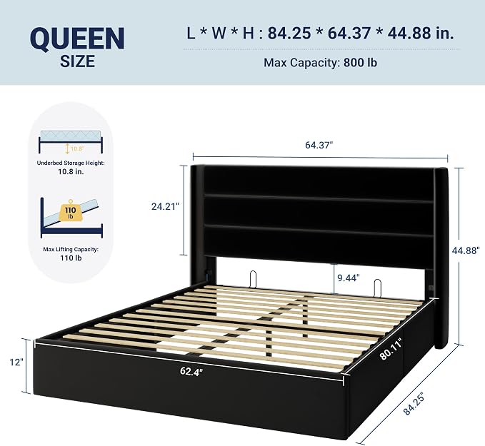 Allewie Queen Size Velvet Lift Up Storage Bed, Modern Wingback Headboard - Image 2