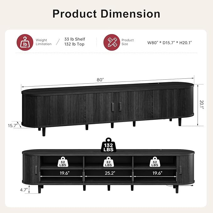 80" Mid Century Modern TV Stand, Wood TV Consoles - Image 2