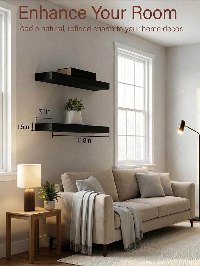Solid Wood Floating Shelves, 11.8in Finished Real Wood Wall Shelves - Image 4