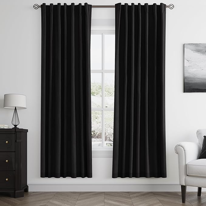Guken Black 100% Blackout Linen Curtains 72 Inch Length 2 Panels Set by Guken