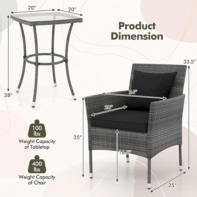 Tangkula 3-Piece Patio Furniture Set, PE Wicker Conversation Bistro Set w/A - Image 4